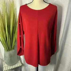 Easywear By Chicos Women’s 1 US M Christmas Red Tunic Gold Beads Cut Out Sleeves